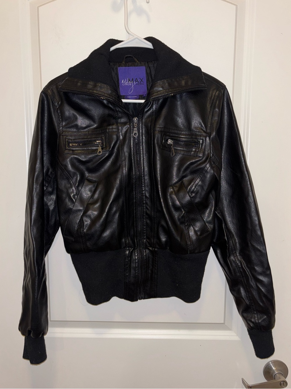 Miley Cyrus & Max Azria Black Leather Bomber Jacket